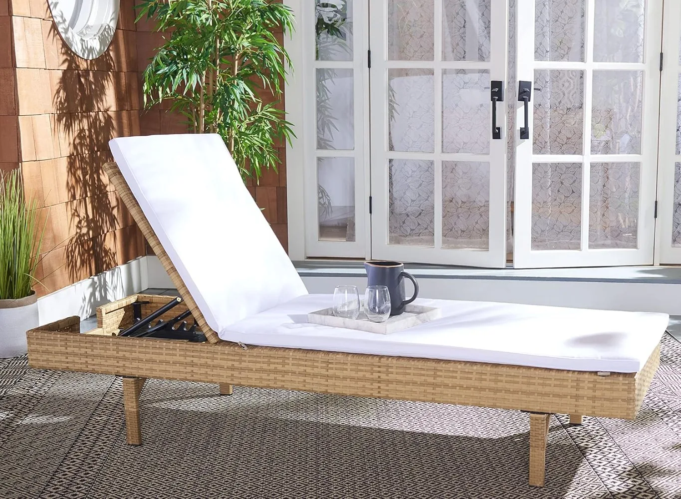 

Outdoor Collection Natural Brown Wicker/White Cushion Adjustable Chaise Lounge Chair, Beige