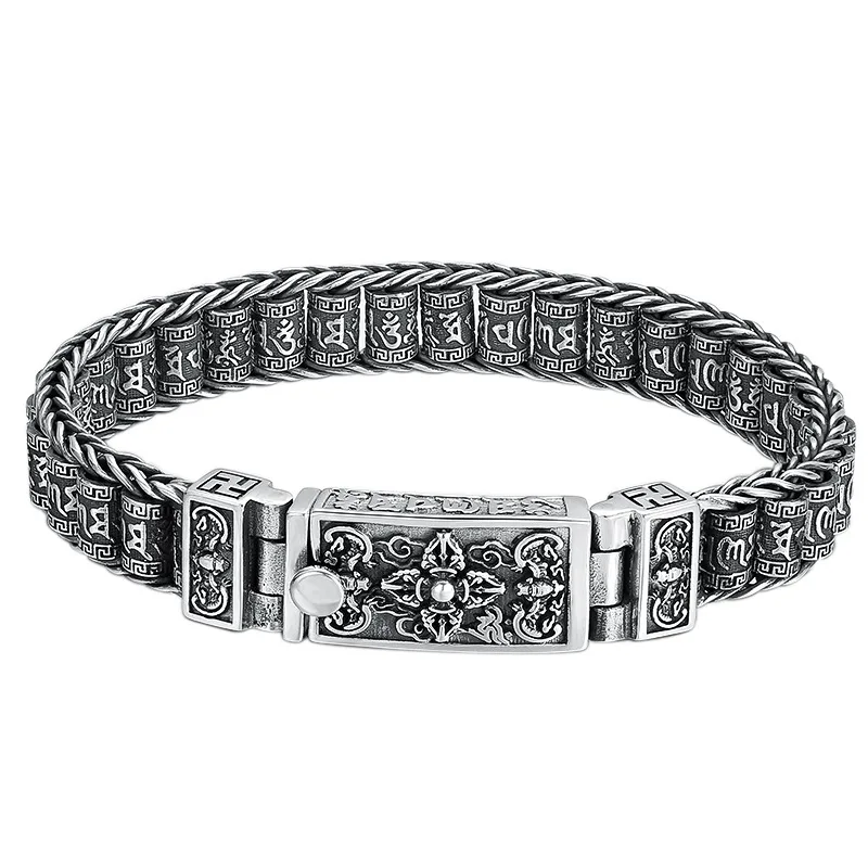 S925 Sterling Silver Charm Bracelets Six Syllable Mantra Vajra Pestle Prayer Wheel Woven Hand Chain Pure Argentum Amulet for Men