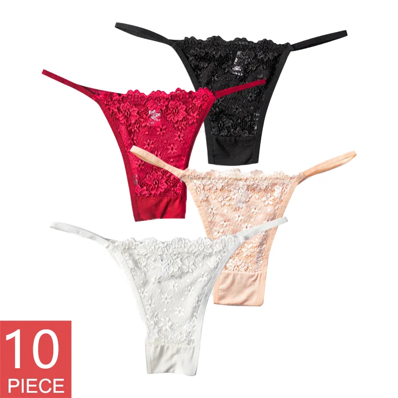 10PCS/SET Women\'s Lace Panties Ladies Sexy Cotton Underwear Female Thong Hollow Out Low Waist Lingerie Seamless G-String