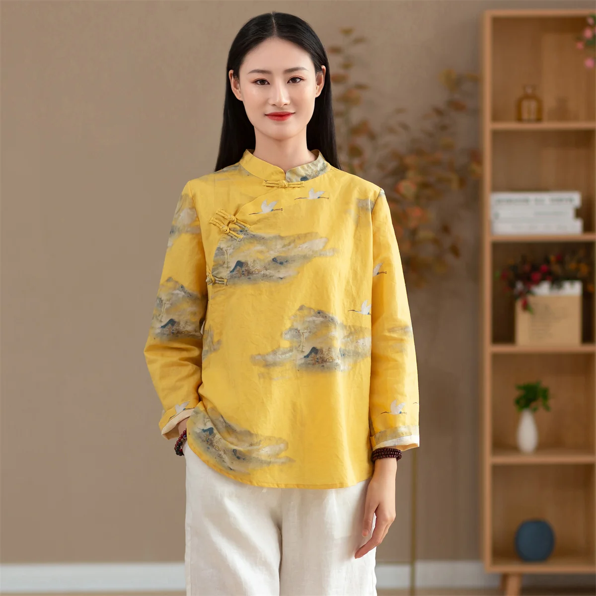 

Shanghai Story Women Loose Tops Blouse Small Stand Collar Long Sleeve Chinese Chi-Pao Frogs Buttons Shirt