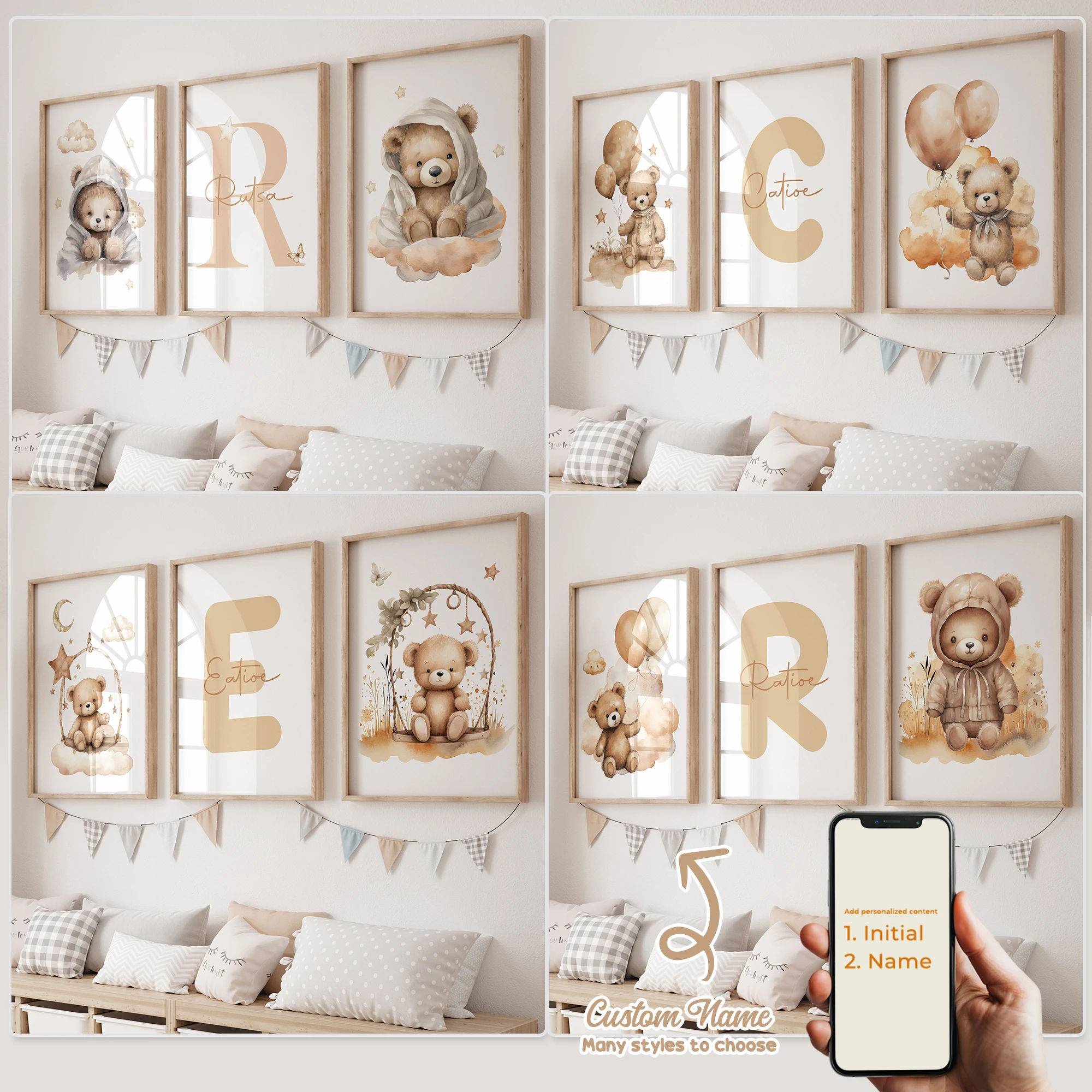 3-teiliges personalisiertes Wandbild mit individuellem Namen, Cartoon-Bär, gelbes Bärchen, Kunstdruck auf Leinwand, Poster, Gemälde für Wohnzimmer, Heimdekoration