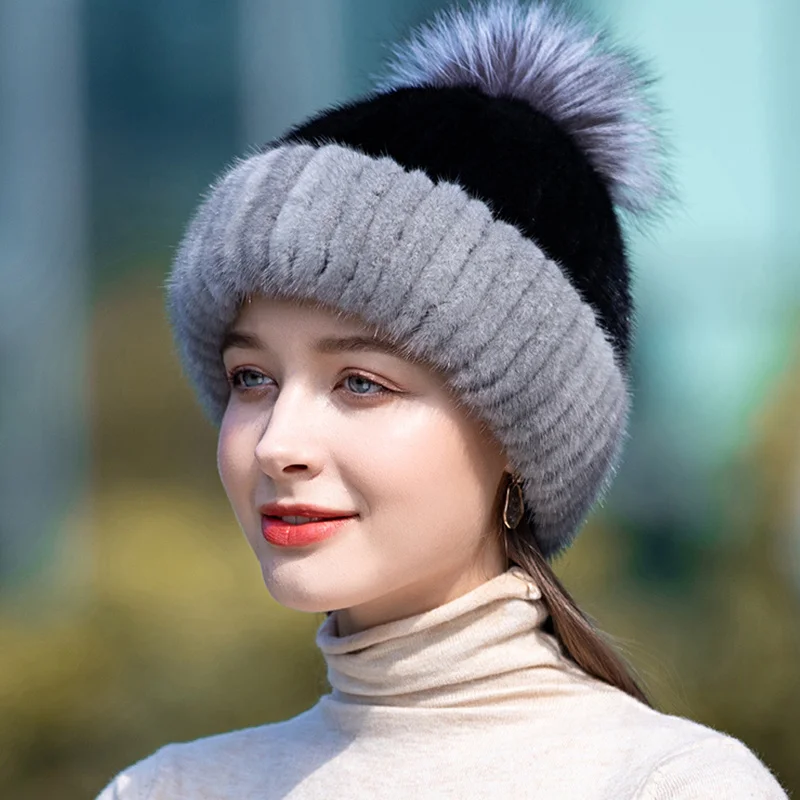 Hot Sale Genuine Real Natural Knitted Mink Fur Hat Fashion Winter Warm Women Knit Caps Mink Hats With FOX Fur Vertical Woven Top