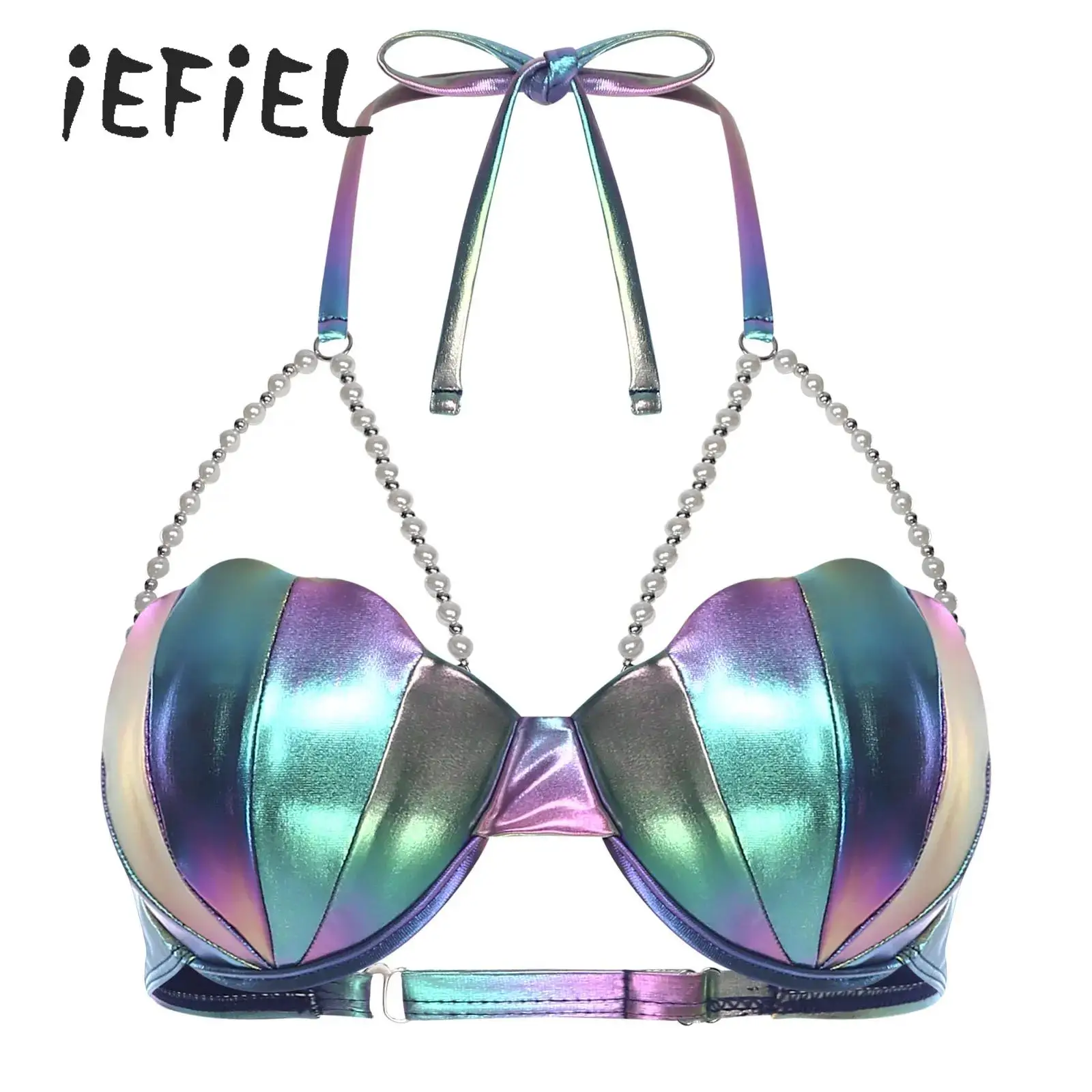 

Shiny Shell Shape Womens Bikini Swimwear Halter Neck Pearl Chains Halloween Mermaid Bikini Bra Top Slight Padded Swim Top