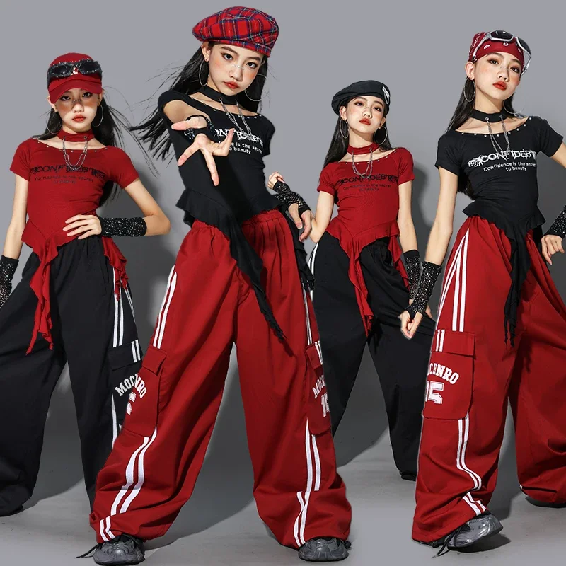 Ragazze K-pop Crop Top Street Dance Pantaloni larghi Cool Hip Hop Jazz Abiti a maniche corte Set Gruppo Streetwear Spettacolo teatrale Costume