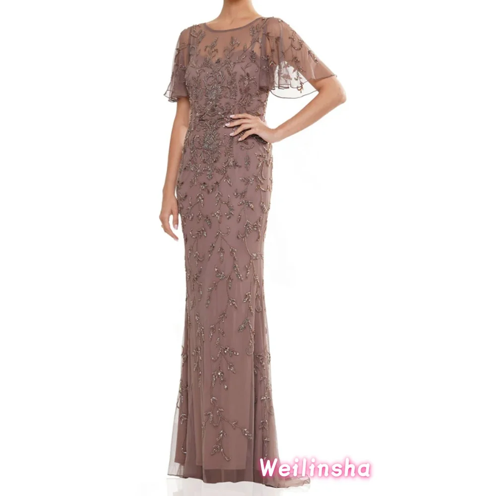 

Customized Mother of The Bride Dresses Women's Illusion Short Sleeve Crew Neck Sequin Applique Tulle Wedding Guest Gown