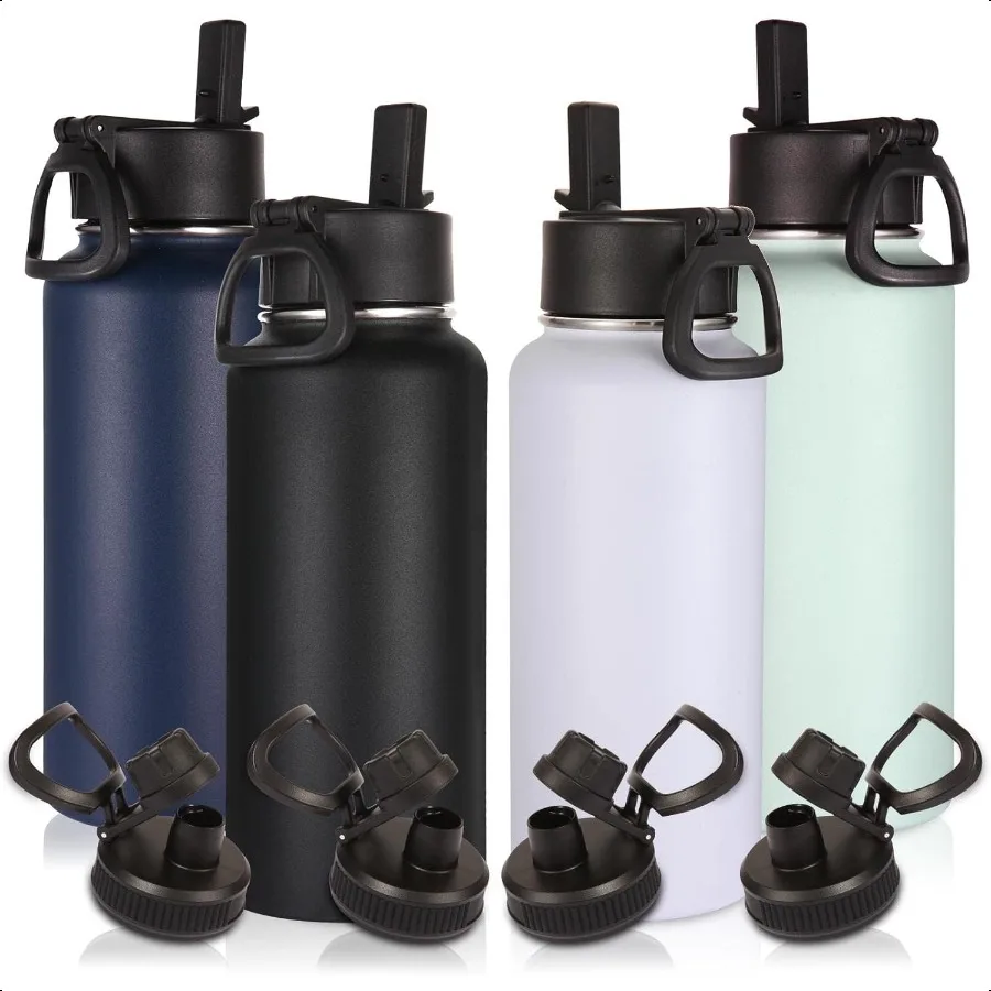

32 oz Insulated Water Bottles Bulk 4 Pack with Straw Lid Spout LidStainl Steel Sports Water Bottle Double Wall Vacuum Cups Leak