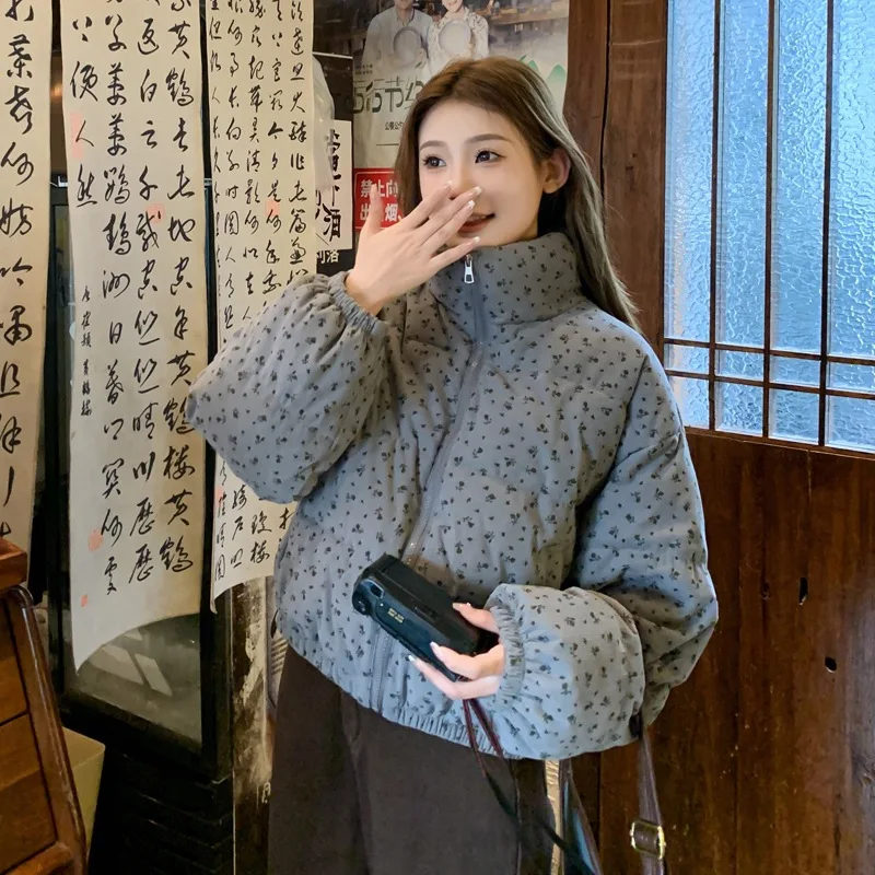 HG Fashion Floral Printed Short Down Jacket Women Winter Clothes New Korean College Style Thick Warm Quilted Coat Women Jackets