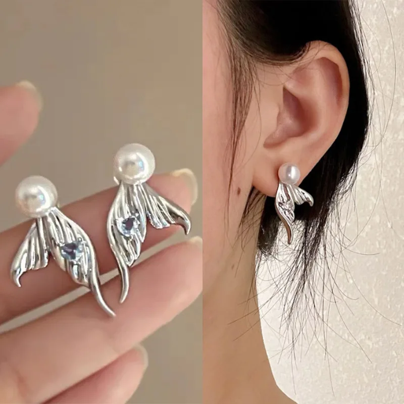 Trendy 925 Silver Neddle Fish Tail Earring Heart Zircon Crystal Pearl Stud Earrings for Women Temperament Sweet Jewelry Gift