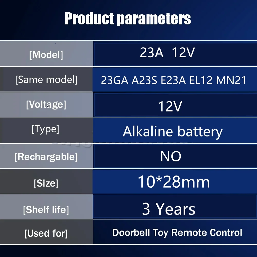 البطارية الجافة: بطارية 23A 12V مناسبة لجرس الباب بجهاز التحكم عن بعد في إنذار السيارةA23.23A.23GA، A23S، E23A، MS21، V23GA، GP23A، LRV08