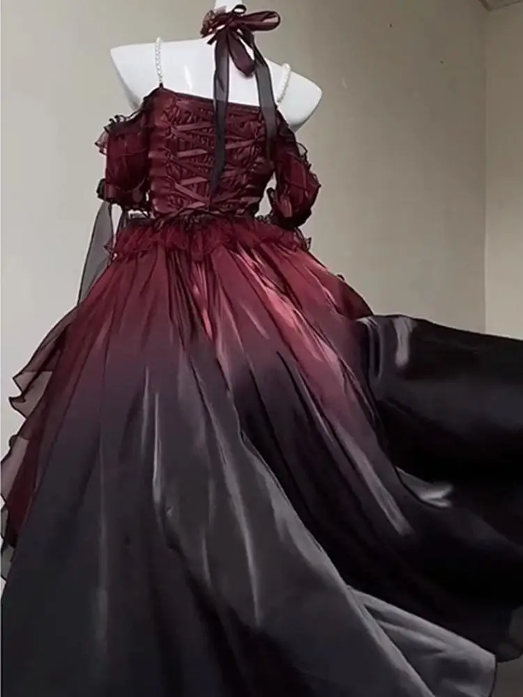 2025 كلمة واحدة طوق الرقبة القوس رقيق فساتين حفلات الأميرة الأسود والأحمر التغيير التدريجي الحلو عالية الخصر فستان الزفاف لوليتا