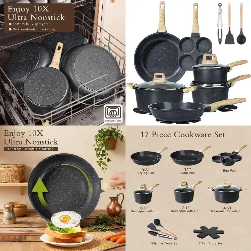 

17-Piece Nonstick Cookware Set: Healthy Kitchen Cooking Essentials with Frying Pans, Dishwasher Safe