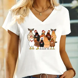 Cute Christmas Chickens Animals Print Women's T-Shirt V-Neck Short Sleeve Funny Tops Tees Fashion Casual Xmas Gift Loose T Shirt