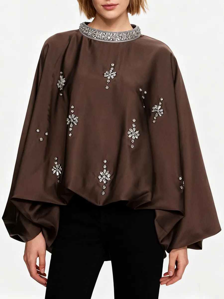 TWOTWINSTYLE Solido Allentato Impiombato Diamanti Camicette Eleganti per Le Donne O Collo Maniche Lunghe Camicetta Vintage Abbigliamento Moda Femminile