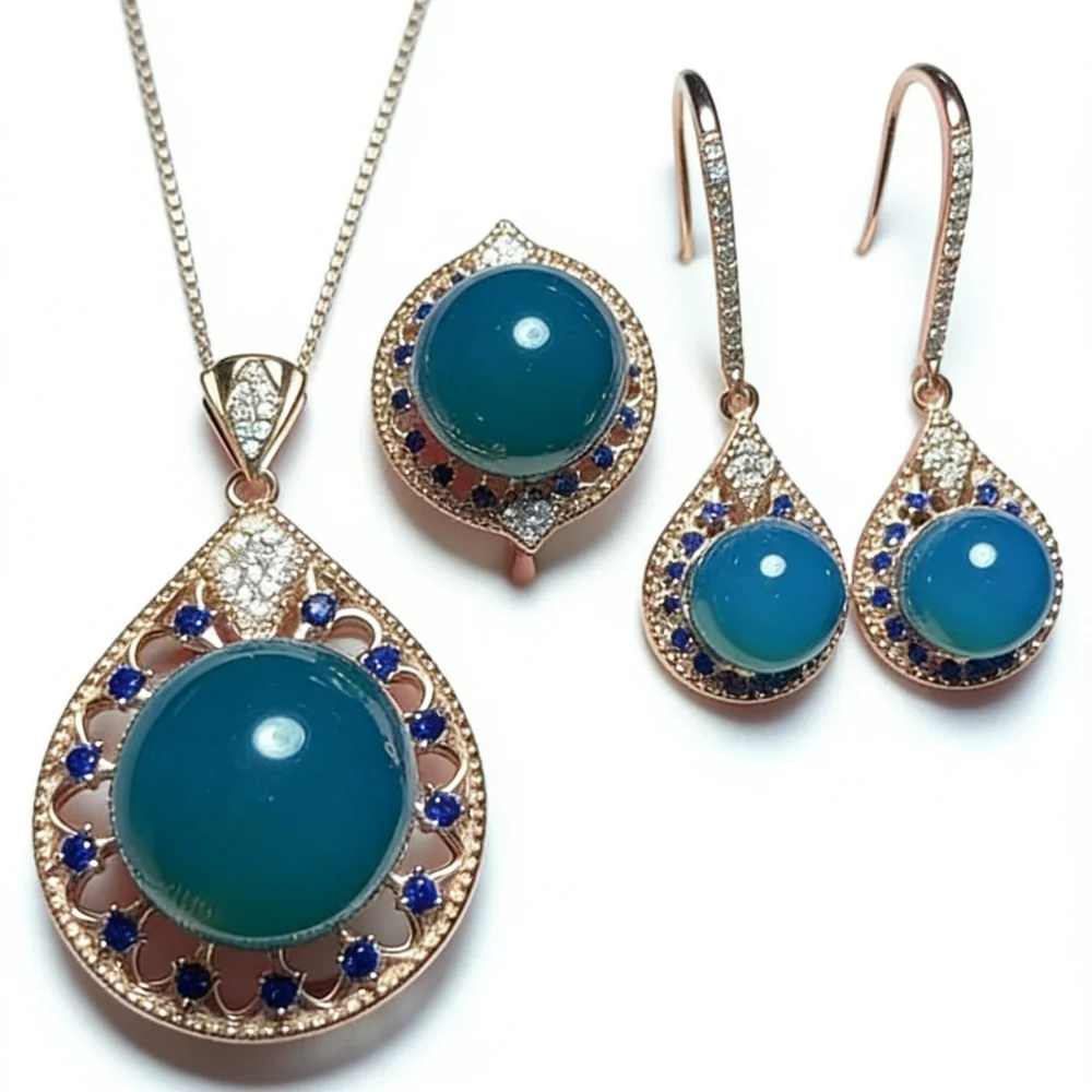 

Sterling Silver Mexican Blue Amber Jewelry Set Hollow 3D Carving Teardrop Design Luxury for Evening Party Dating