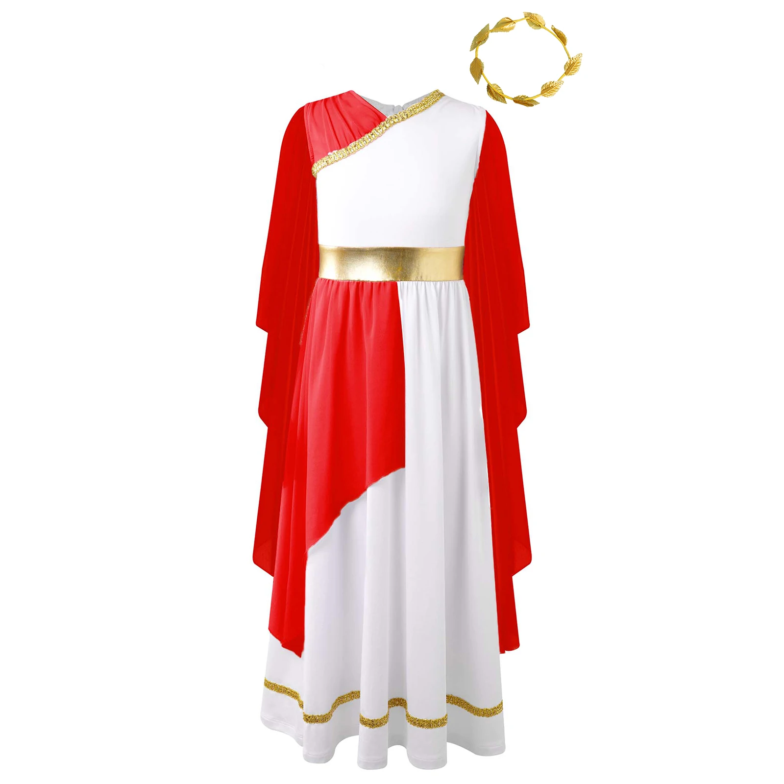 Kids Girls Halloween Ancient Greek Costume Chiffon Cap Sleeve Color Patchwork Gold Belt Dress with Gold Leaves Garland Head Wear