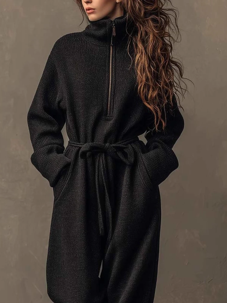 الخريف الشتاء الرياضة نمط الصلبة حللا الأزياء الوقوف طوق سستة Playsuits وزرة سيدة طويلة الأكمام فضفاضة تخفيف السروال القصير