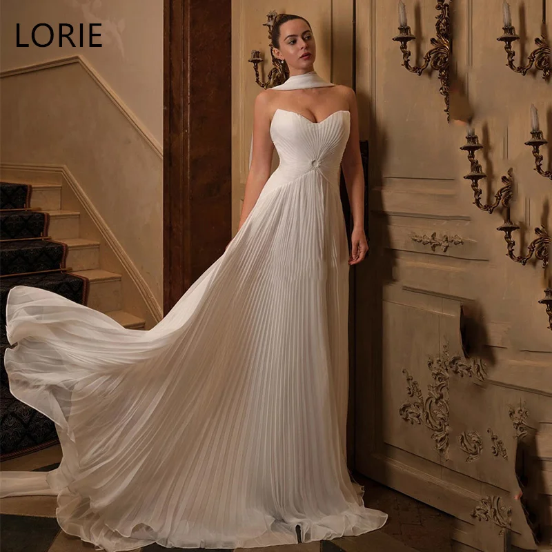 

LORIE A-Line Chiffon Pleat Wedding Dresses Strapless Floor-Length Sweetheart Bride Prom Gown Scarf Bridal Gowns Customized