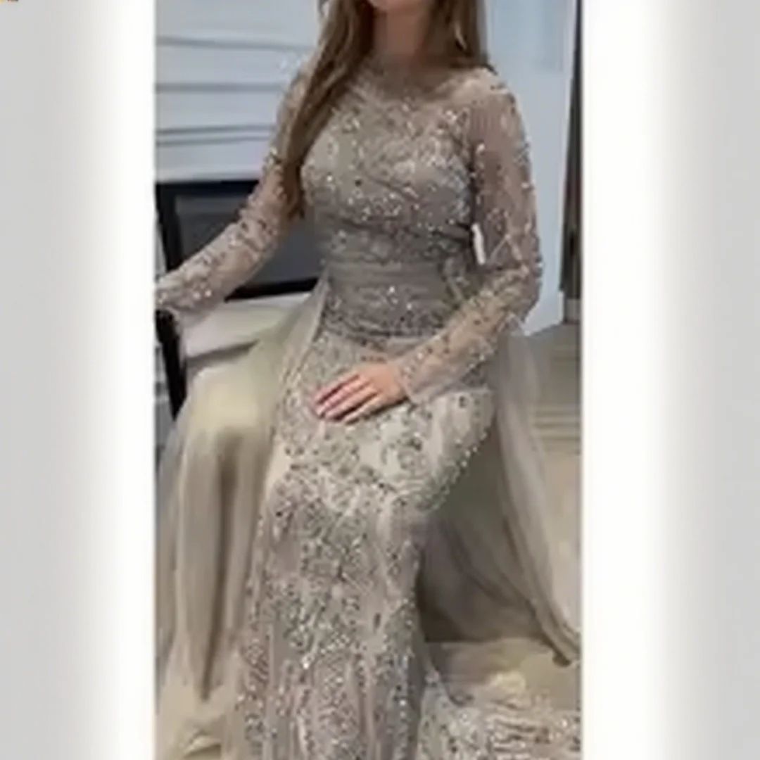 

Customized Long Sleeves Mermaid Detachable Train Beads formal evening dresses birthday party prom gowns for women