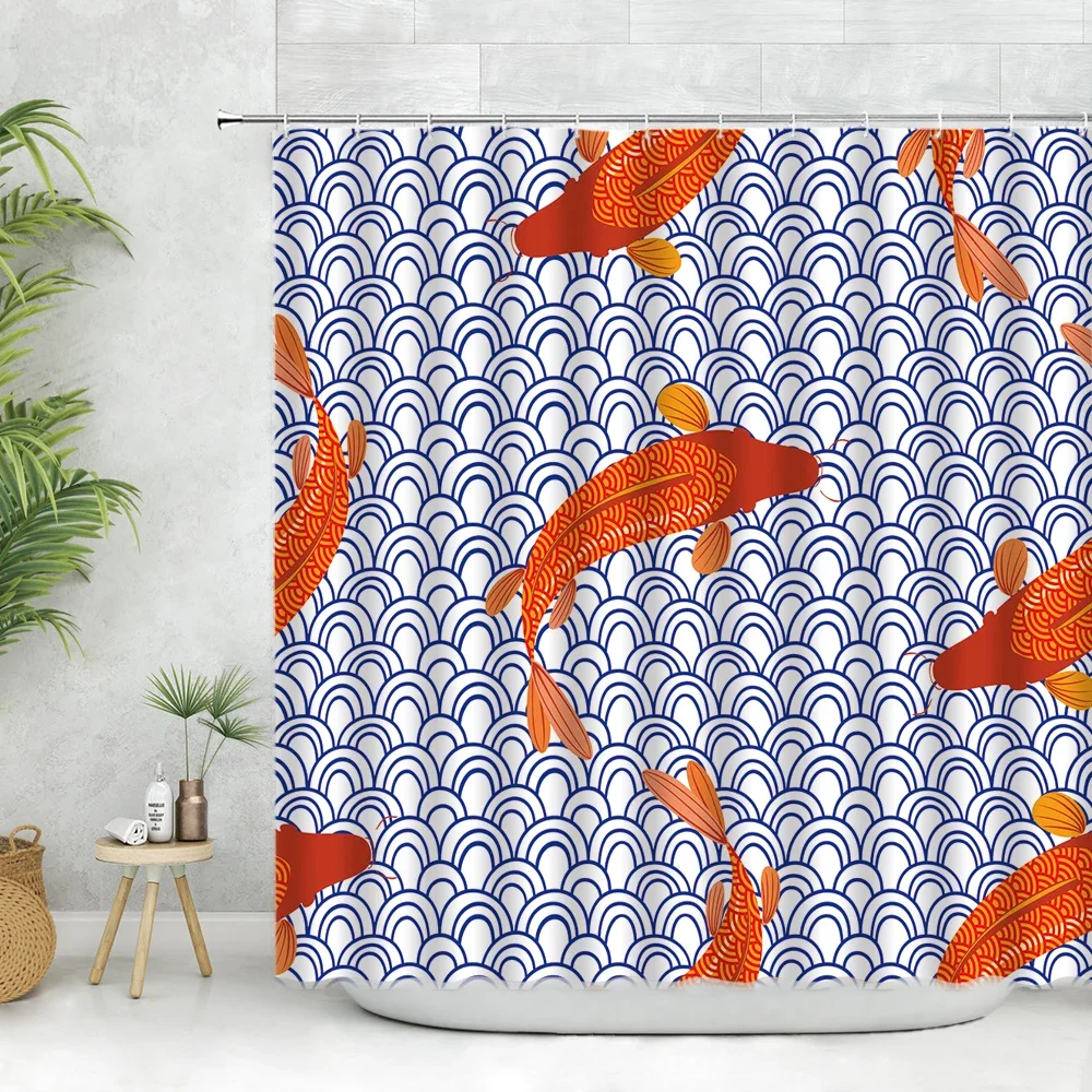 Chinese Style Goldfish Shower Curtain Set Koi Fish Watercolor Waves Wall Decorate White Cloth Bathroom Curtains Polyester Fabric