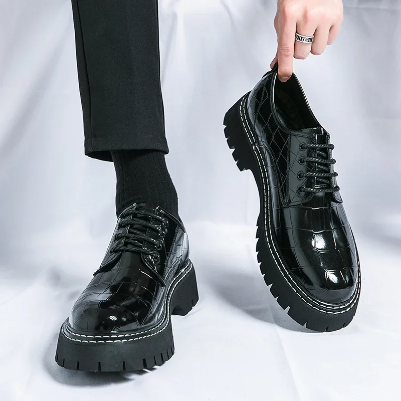 New Black Men Shoes Lace-up Round Toe Stone Pattern Brown Gray Men Dress Shoes Size 38-46