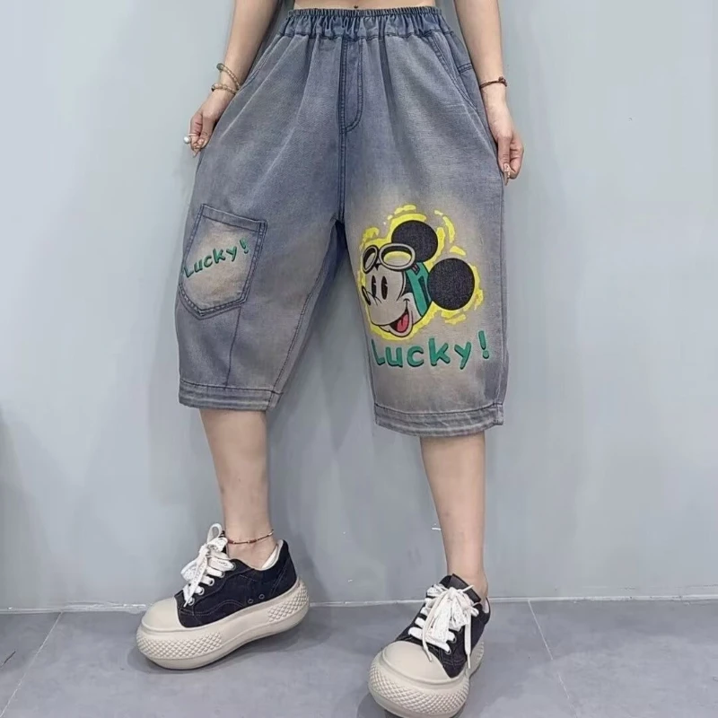 

Women's Plus Size Mickey Print Denim Shorts, Trendy Retro Distressed 5-Point Jeans, Loose Wide Leg Harem Slim Fit Bottoms