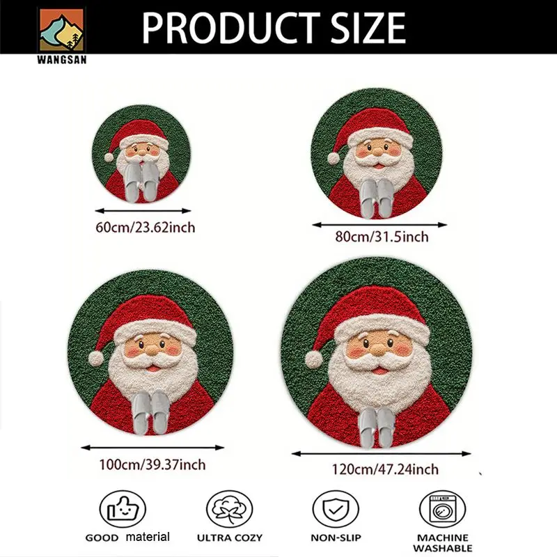 VIKAMA Santa Claus Round Area Rug Christmas Red Green Circle Carpet For Living Room Bedroom Bathroom Xmas Holiday Home Decor