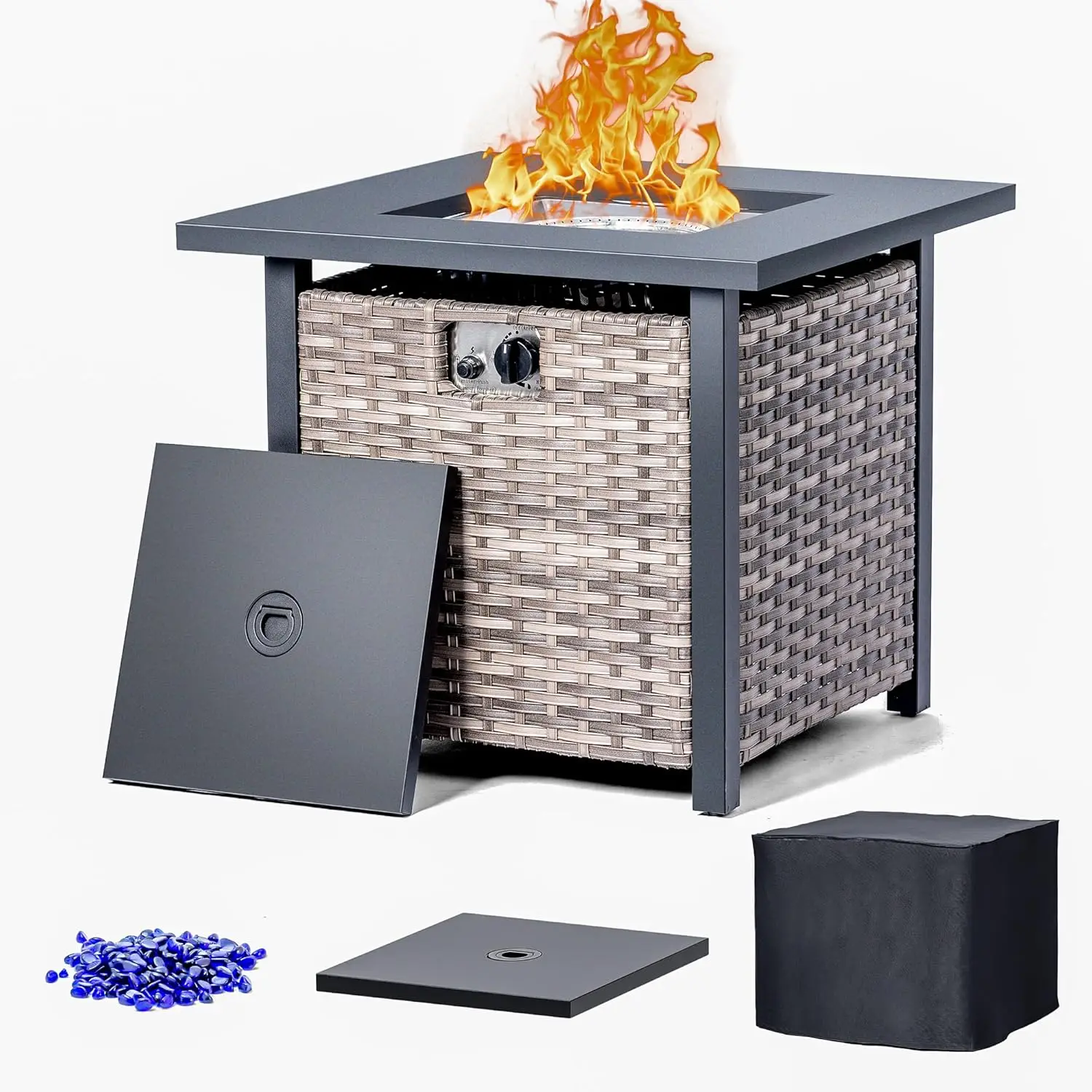 32inch Propane Fire Pit Table, 50,000 BTU Outdoor Wicker Patio Gas Firepit Table with Tempered Glass and Rain Cover