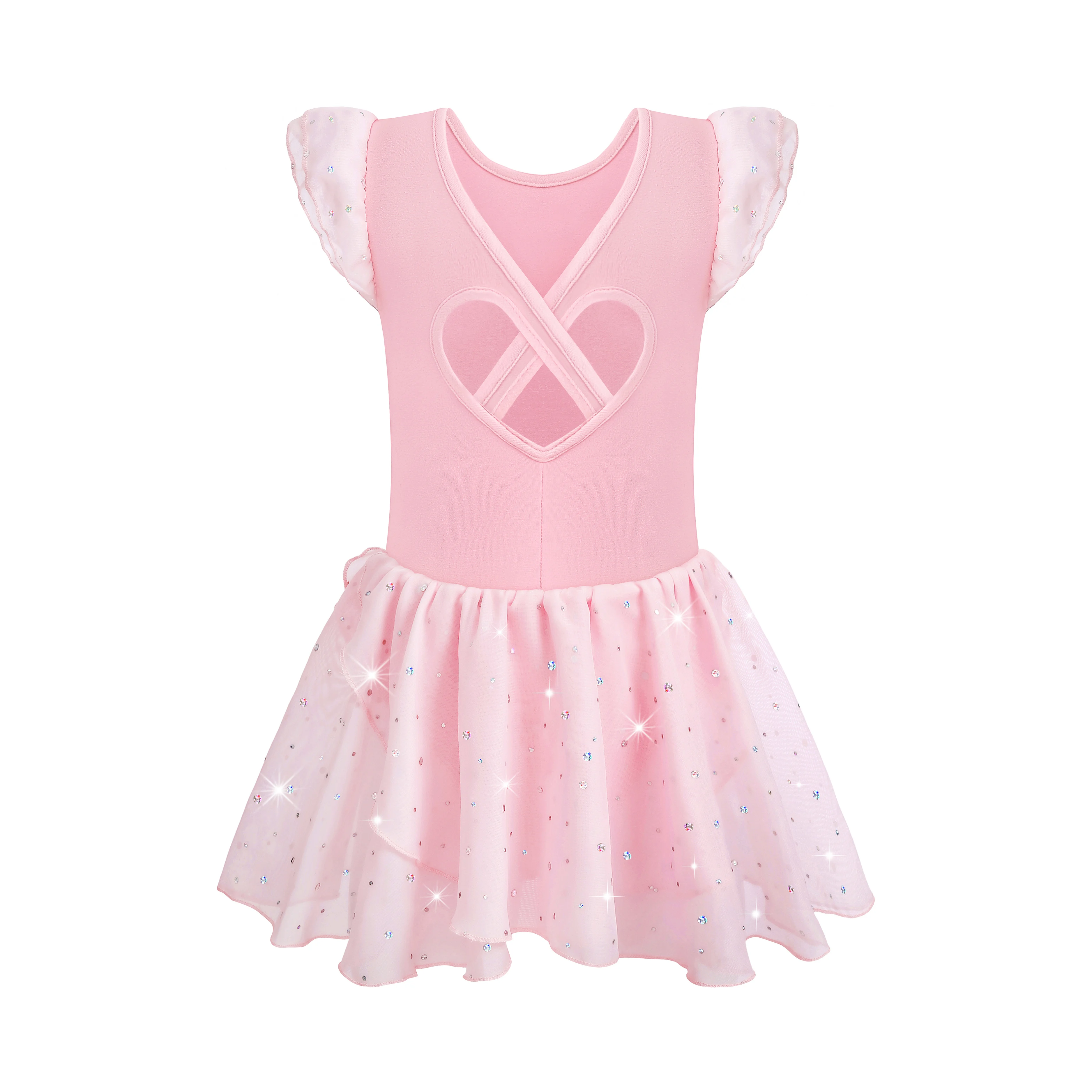 Girls Ballet Leotards for Dance Hollow Crisscross Back Short Sleeve, Shiny Skirt