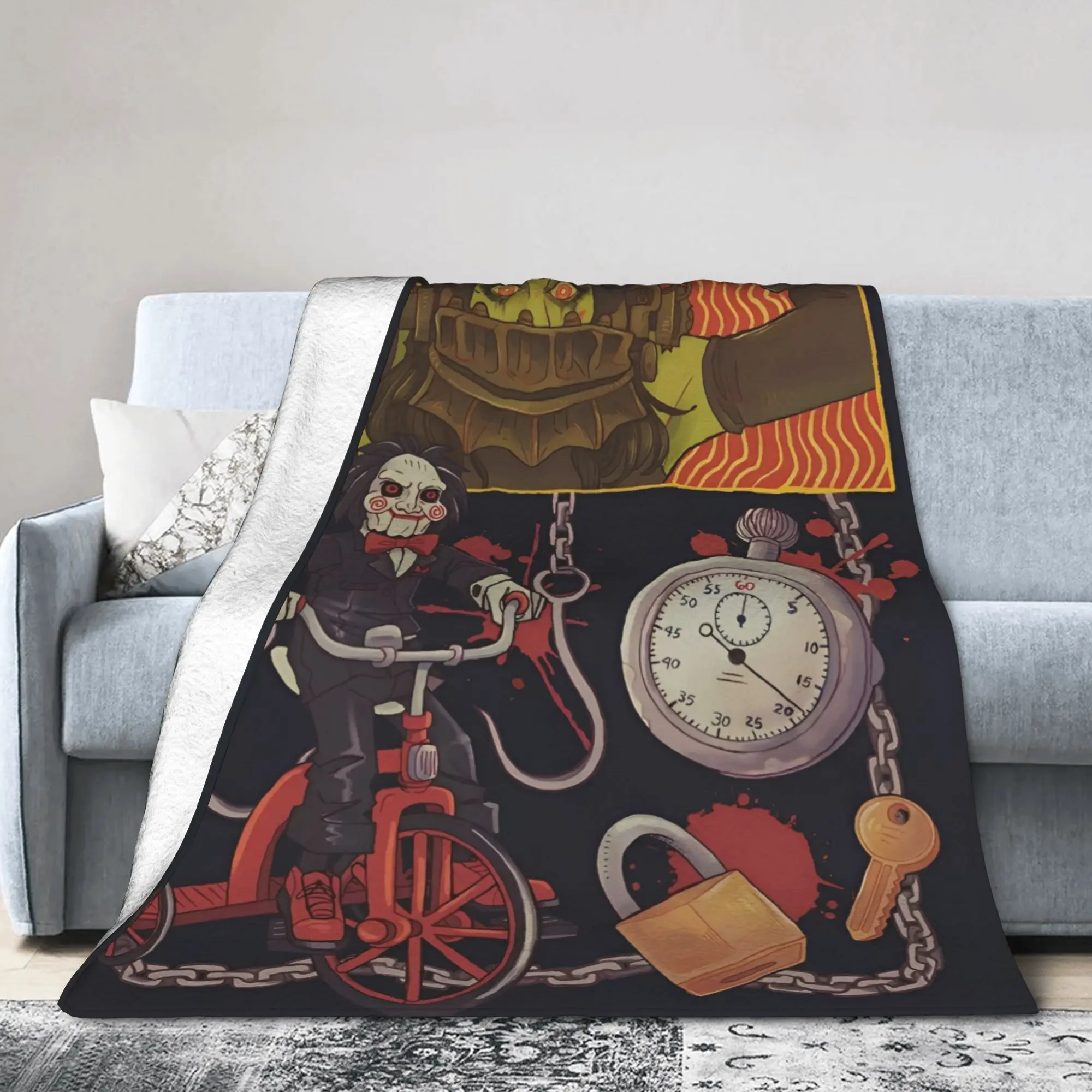 Saw Jigsaw Horror Movie Blanket Fleece Autumn Winter Halloween Gothic Breathable Thin Throw Blanket for Bedroom