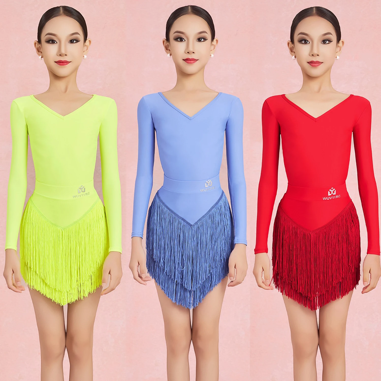 

Детская одежда для латинских танцев, платье для девочек с длинными рукавами для танцев ча-ча-ча, румбы, самбы, платье для соревнований, тренировочная одежда, красное платье с бахромой DNV25264