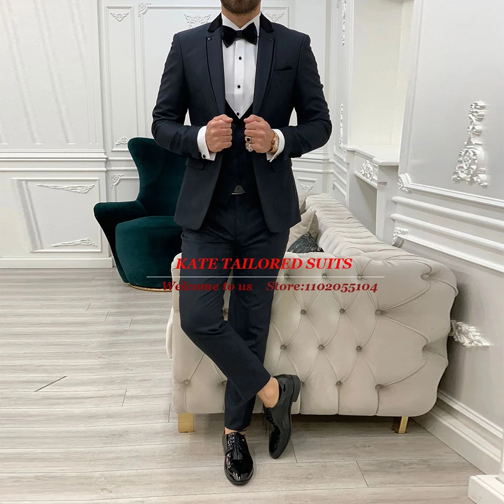 

Classic Suits Men Navy Blue Theme Groom Wedding Tuxedo Custom Made 3 Pieces Male Fashion Formal Party Business Office Work Dress