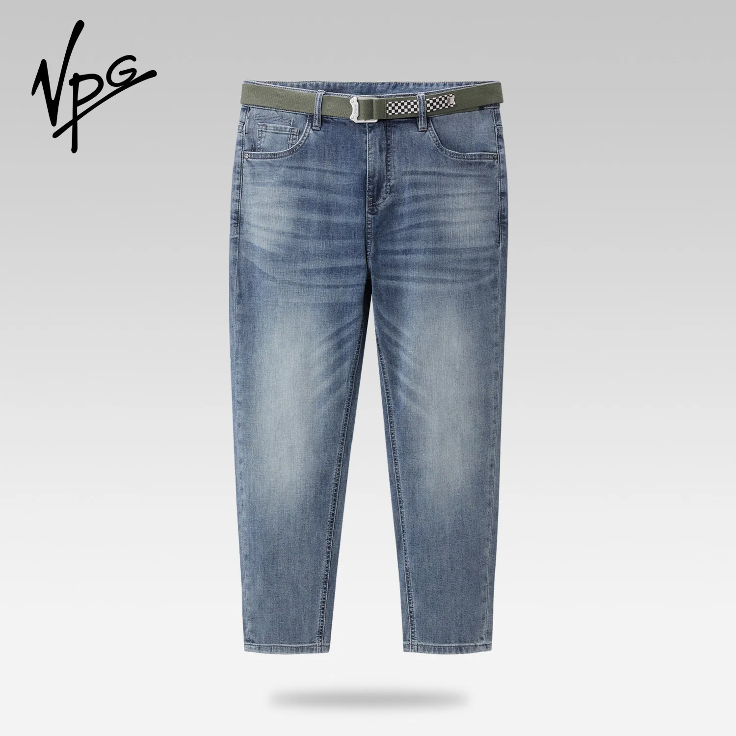 VPG-pantalones vaqueros rectos de 9 puntos con cinturón para hombre, ropa de calle para primavera y verano, pantalones vaqueros holgados para correr, pantalones vaqueros de talla grande