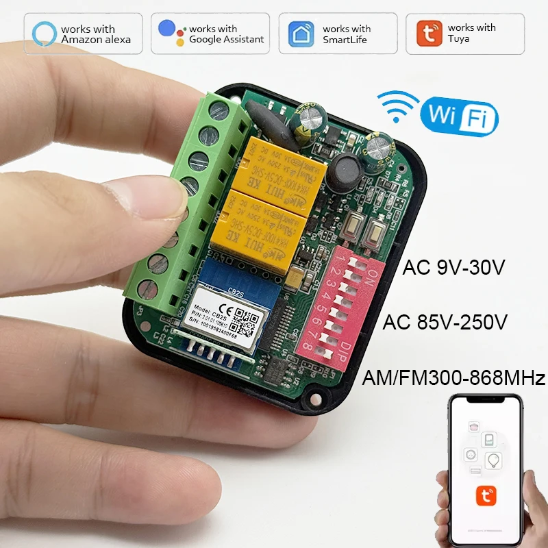 YNG206 Penerima Tuya WiFi Penerima Motor Controller 300-868MHz 2CH 9V-30 85V-250V Untuk Pintu Garasi Remote Control Penerima