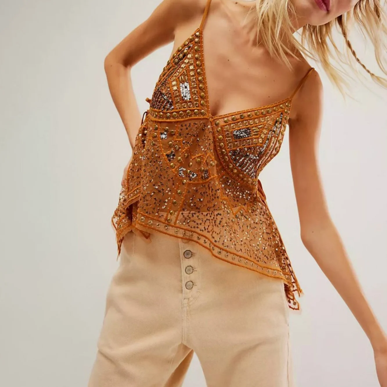 

Sexy See-tough Bal Trendy Casual Meat-concealing Rhinestone Strap Vest New 2025 Open-work Alluring Small Tank Top