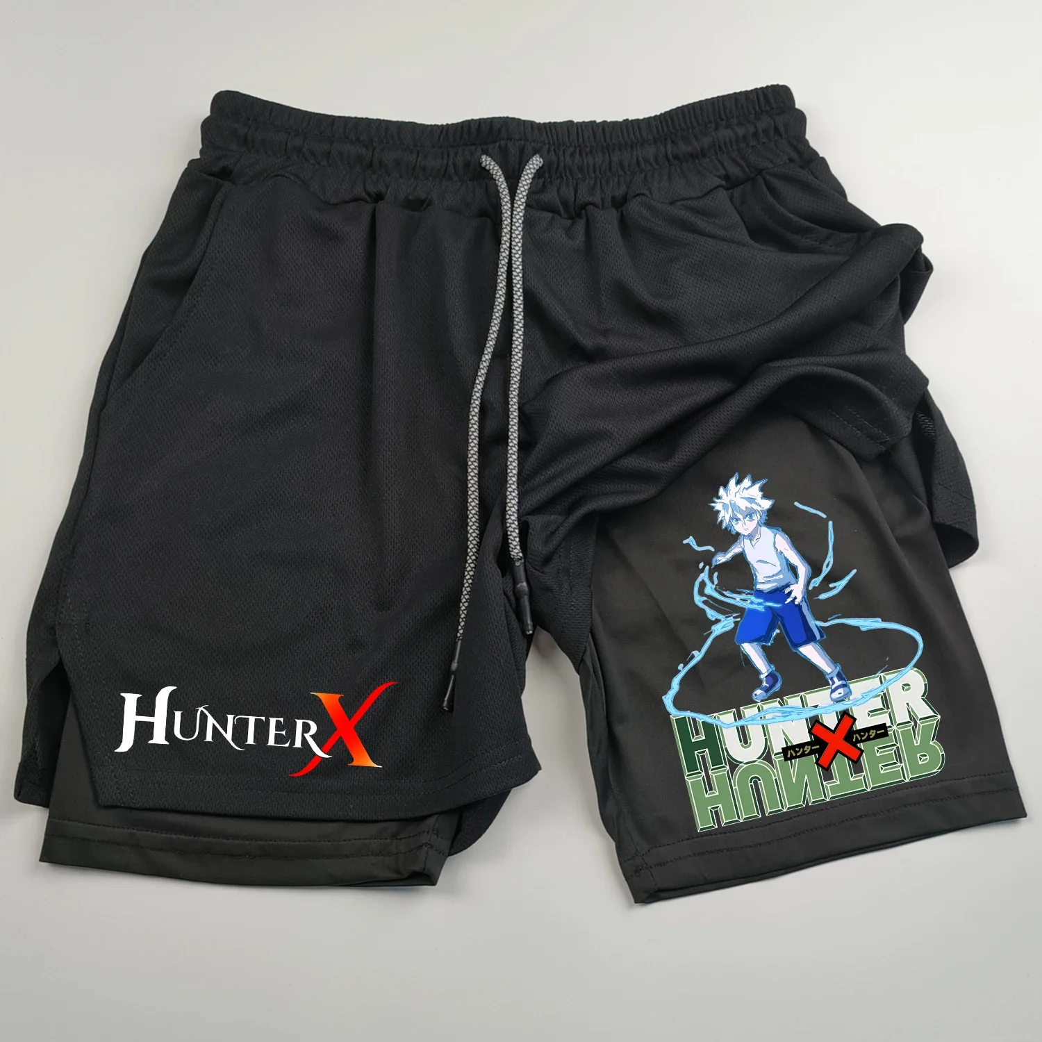 Męskie spodenki sportowe Anime Hunter X Hunter 2 w 1 Dwuwarstwowe spodenki Szybkoschnące Oddychające spodenki do biegania Fitness