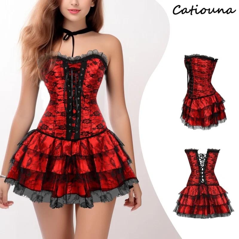 Sexy Corset for Women Plus Size Coustume Overbust burlesque Vintage Corset and Skirt Set tutu Corselet Bustier Victorian Gowns