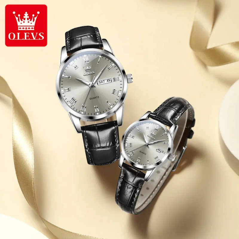 OLEVS 5892 Couple Watches Leather Strap Dual Calenda Waterproof Quartz Watches Luminous Wristwatch Couple Couple's