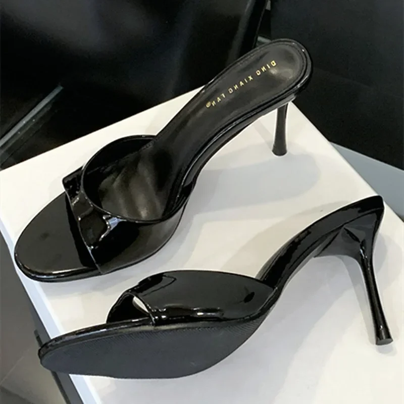

Fashion Thin High Heeled Slippers Women Sexy Round Toe Open Toe Patent Leather Slide Sandals Summer Elegant High Heels Sandalias