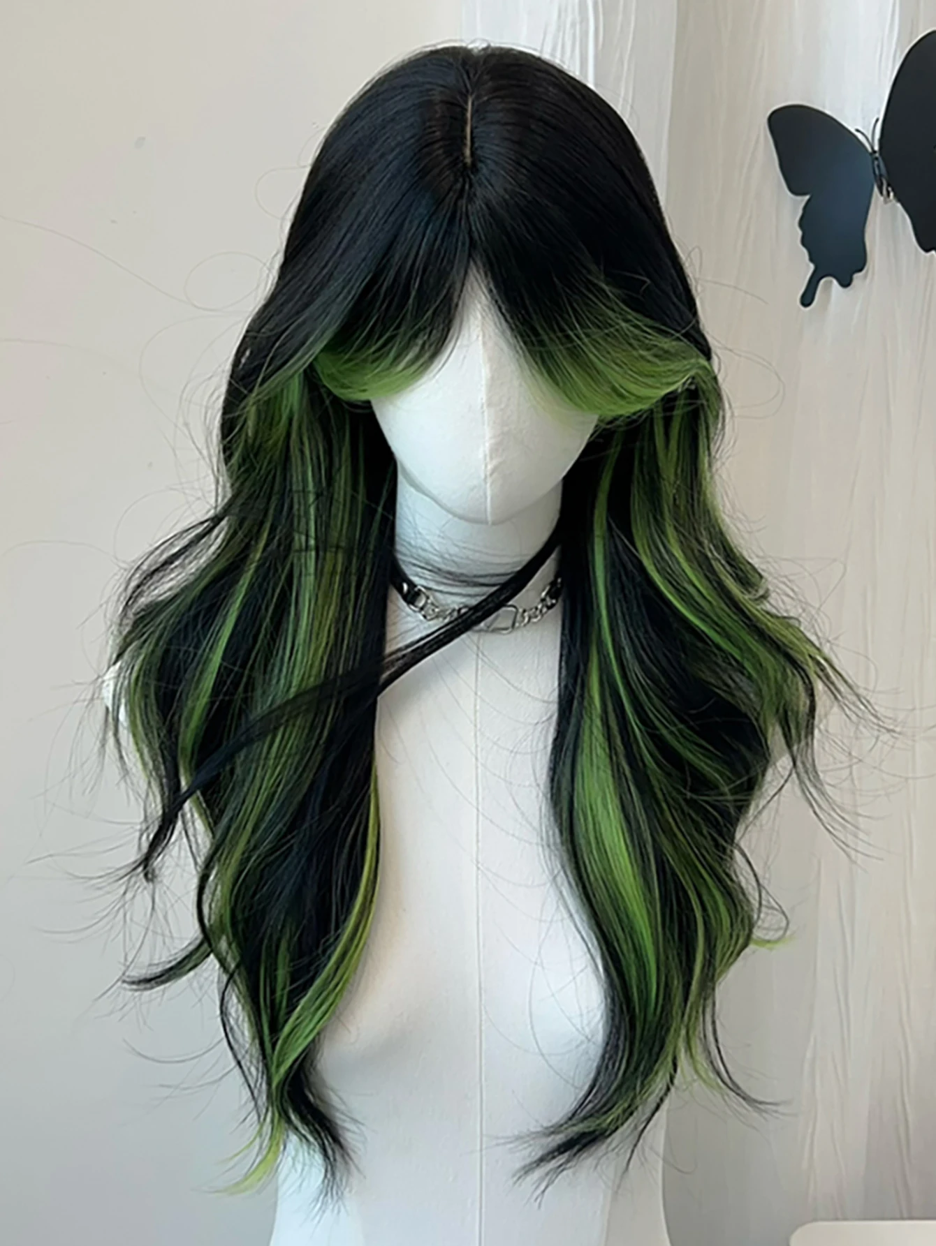 OLACARE Black Ombre Green Layered Long Wavy Synthetic Wig Lolita Cosplay Women Fluffy Heat Resistant Wig for Daily Party