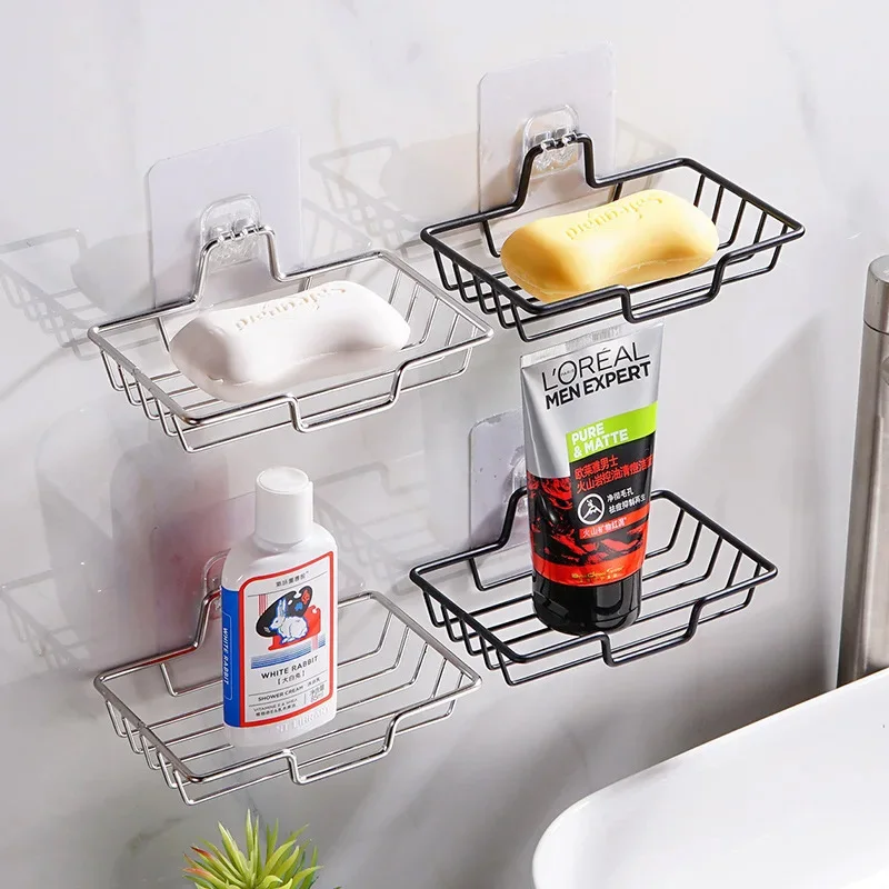 Stainless Steel Bathroom Soap Holder Wall Mounted No Drilling Kitchen Sponge Tray Holder Organizer Sticky Shower Soap Dish Rack