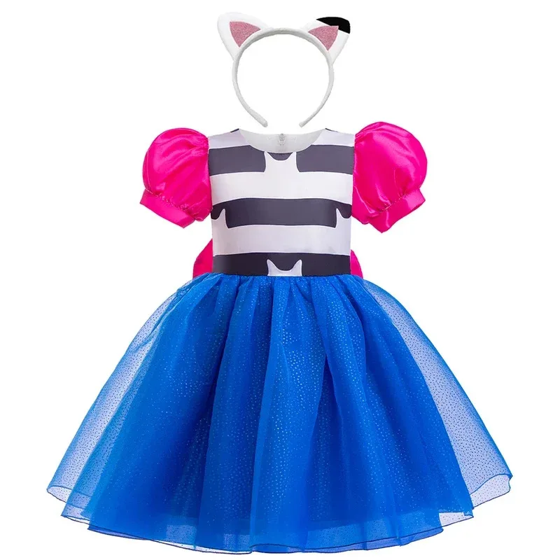 

2PCs girls princess dress set cartoon gabbys Dollhouse fluffy puff sleeve mesh dress with cat headband Halloween party costumes