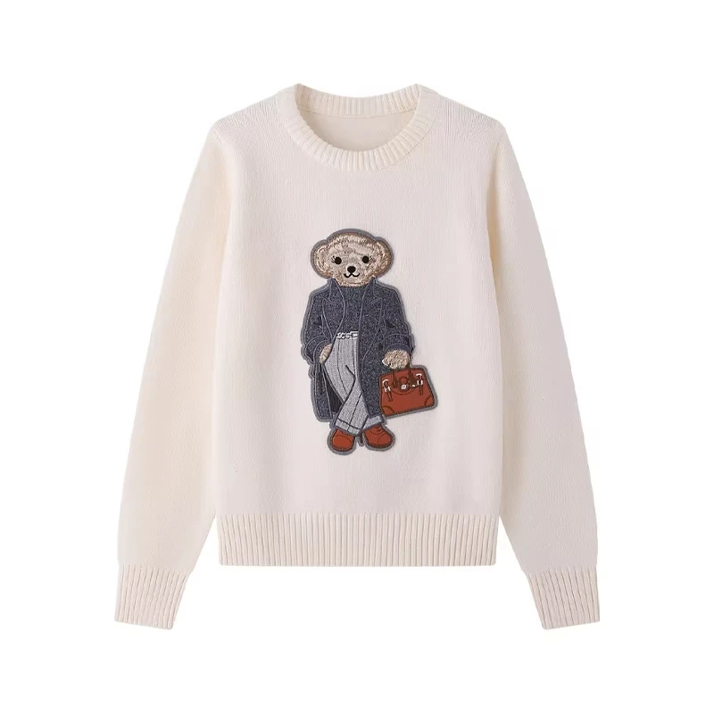 2024 Spring and Autumn Heavy Applique Embroidered Bear Women's Sweater College Style Denim Splicing Fake Two-piece Top