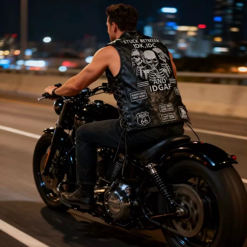 Vintage Motorcycle Biker Leather Vest Skull Skeleton Embroidered Back Patch Adjustable Side Lace‑Up Sleeveless Riding Gilet view 6