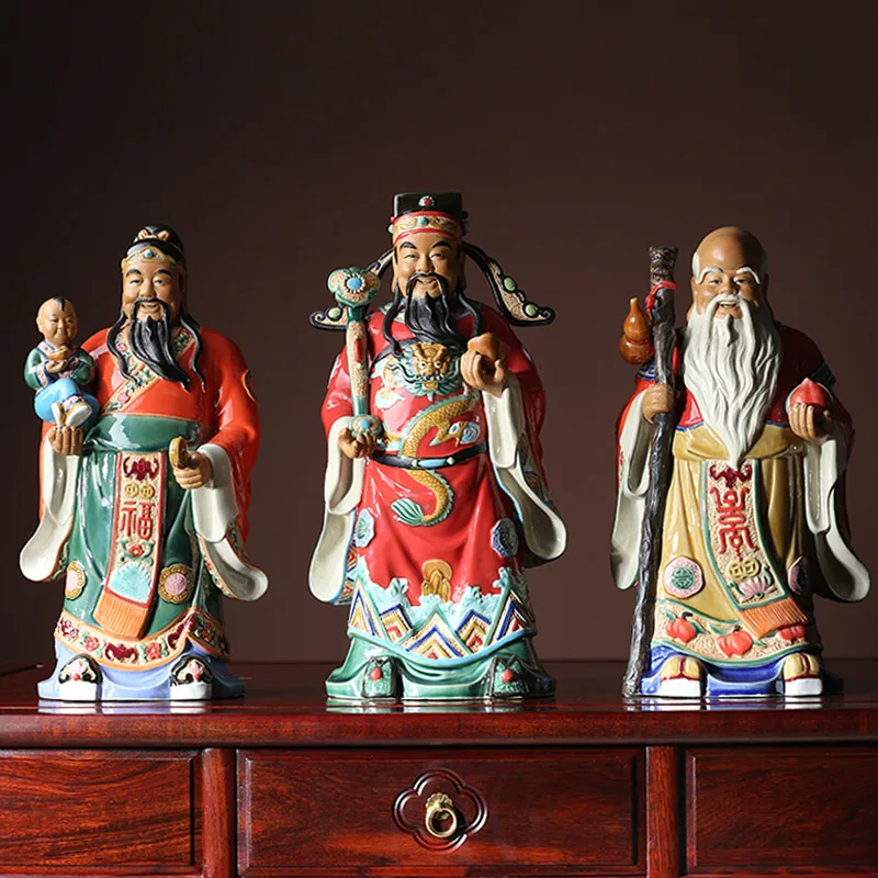 

3PCS Asia HOME SHOP high grade Good luck Gods buddha efficacious bless Fu Lu Shou safe patron saint statue 40cm large