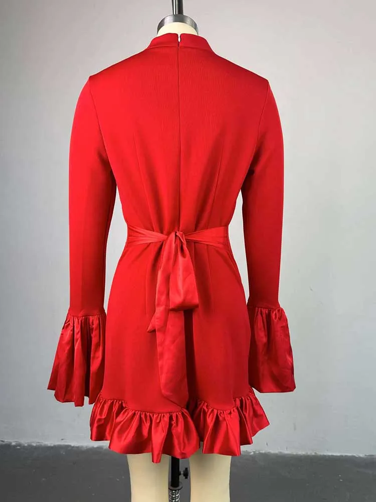 Vestido de cintura alta para mulheres gola festa vermelho midi vestidos com babado em torno feminino primavera sexy e vestido de cintura alta