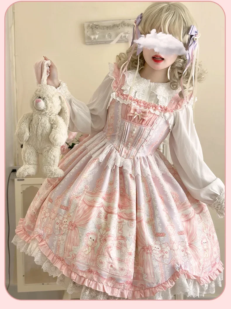 NONSAR Sweet Lolita Style Princess Dress Women Kawaii Cat Printed Bow Ruffles Pink Strap Dress Summer Harajuku Party Dresses
