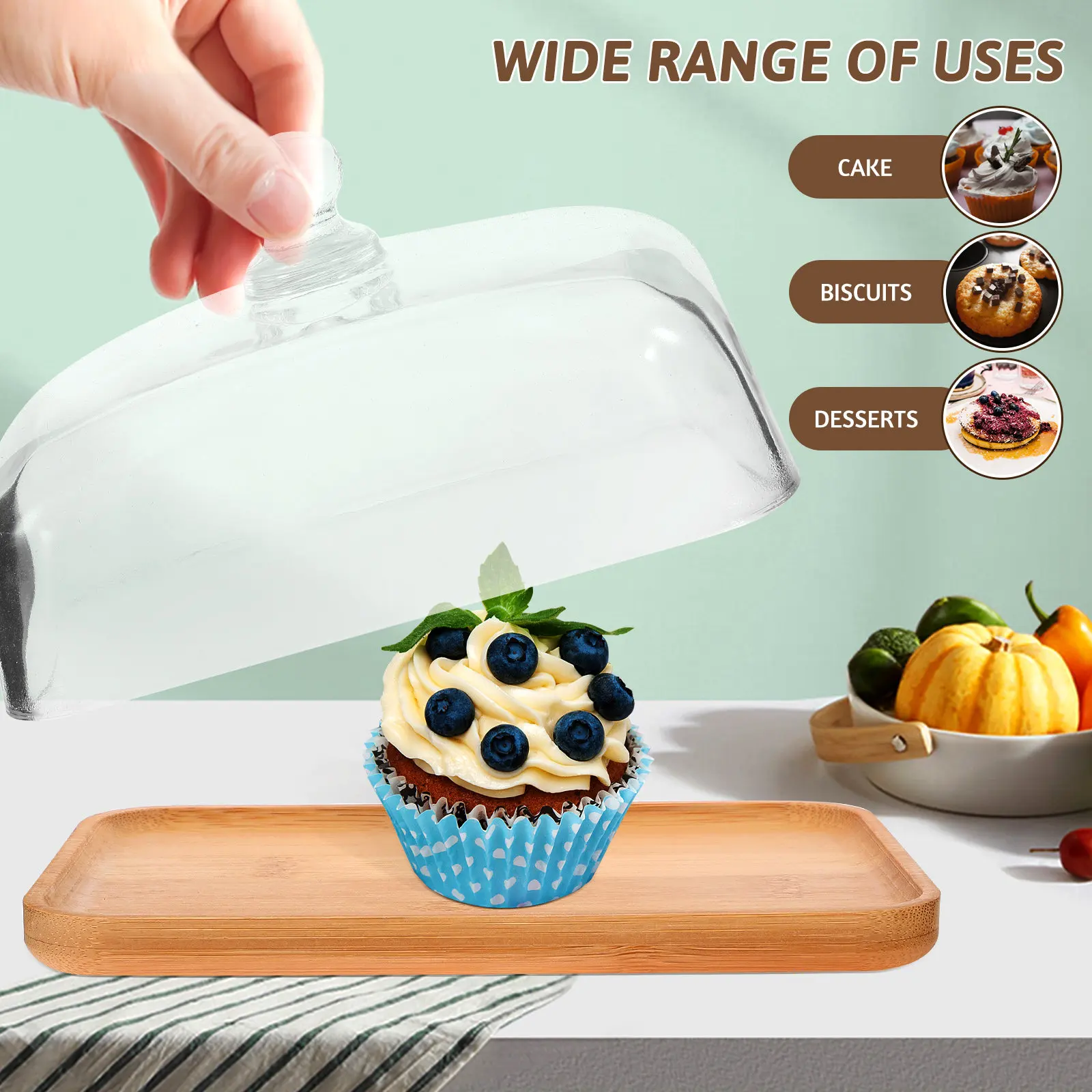 

1Set Multi-Function Glass Cake Plate Stylish Transparent Dessert Tray for Home Kitchen Use with Handle Food Cover Freshness