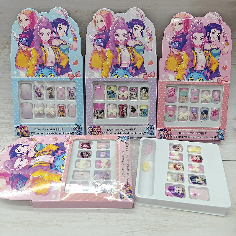 2026 KPOP الساحرة هنتر اضغط على الأظافر مع هلام الغراء وهمية مسمار مجموعة Kawaii الكرتون أنيمي أظافر صناعية للطفل هدية