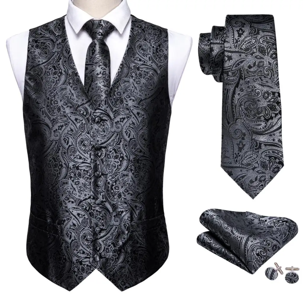 Chaleco elegante de seda para hombre, traje Floral Pasley negro y plateado, conjunto de corbata de pajarita, chaqueta sin mangas Formal, Barry Wang