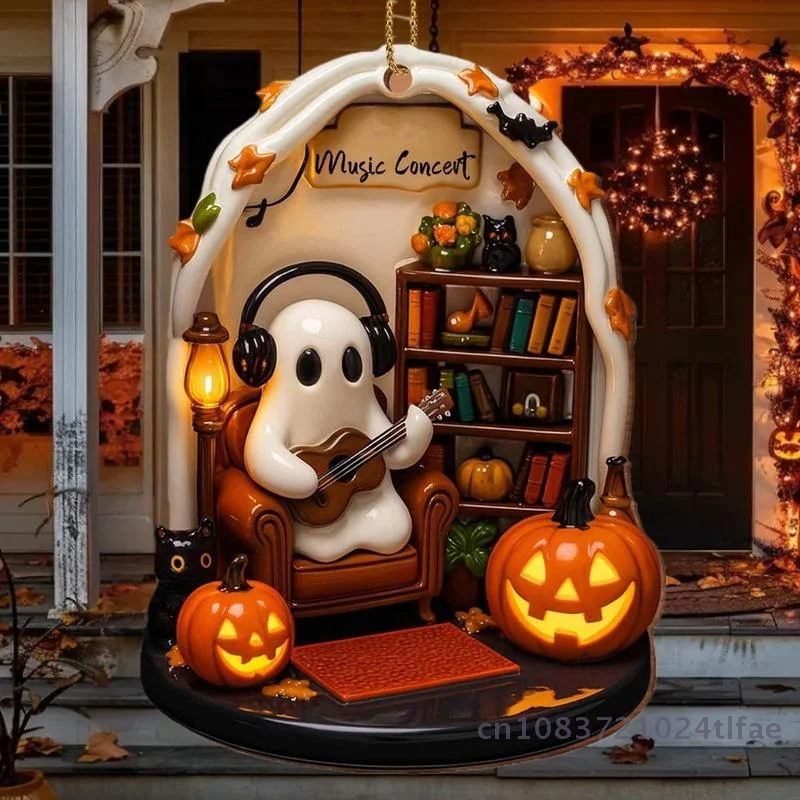 1 Pc Cute Reading Ghost Halloween Ghost Ornaments 2D Flat Acrylic Pendant Halloween Hanging Home Decor